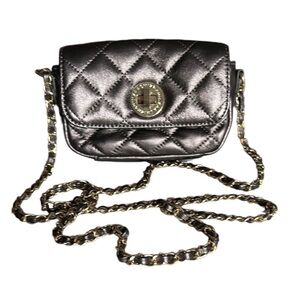 Isaac Mizrahi Metallic Gray Quilted Leather Mini Bag w/ Chain